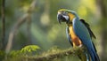 Beautiful macaw parrot sitting on a branch in the forest