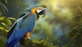 Beautiful macaw parrot sitting on a branch in the forest