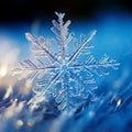 Beautiful macro photo of a snowflake. Decorative snowflake on a blue background with bokeh effect.