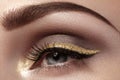 Beautiful macro shot of female eye with ceremonial makeup. Perfect shape of eyebrows, eyeliner and pretty gold line on eyelid Royalty Free Stock Photo