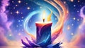 Beautiful magic candle with stars and copy space