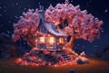 Beautiful Magic Fairy House in Fairy Forest extreme closeup. Generative AI Royalty Free Stock Photo