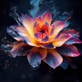 Beautiful magic fantasy flower on dark background. Blooming lotus. Red yellow violet flower with drops of dew on petals