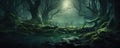 Beautiful magic forest in dark background. Magical fantasy or fairy scenery, night in a forest, copy space for text