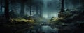 Beautiful magic forest in dark background. Magical fantasy or fairy scenery, night in a forest, copy space for text Royalty Free Stock Photo