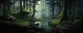 Beautiful magic forest in dark background. Magical fantasy or fairy scenery, night in a forest, copy space for text