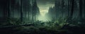 Beautiful magic forest in dark background. Magical fantasy or fairy scenery, night in a forest, copy space for text