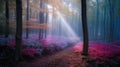 Beautiful magic forest in fog in autumn. Mysterious wood. Fairytale landscape with magenta flowers