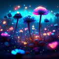 Beautiful magic mushrooms in the forest at night. 3d illustration Generative AI Royalty Free Stock Photo