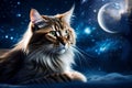 Artistic picture of mystic cat with moon and stars, universe and nebula