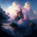 Beautiful magical castle over clouds digital art