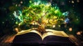 a beautiful magical fairytale green tree of wisdom grows from an open book, a concept of knowledge, a metaphor for imagination and