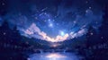 a beautiful magical landscape illustration of a night full of stars at a lake, anime manga artwork Royalty Free Stock Photo