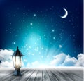 Beautiful magical night background with moon and lantern.