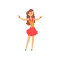 Beautiful magician s assistant with smiling face expression. Cartoon curly-haired woman wearing in colorful dress