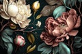 Magnolia And Peonies Flowers Composition On Dark Background - Generative AI Royalty Free Stock Photo