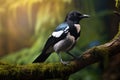 Beautiful magpie sits on tree branch in a tranquil forest. Nature and wildlife. Yellow green blurred background. Black