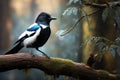 Beautiful magpie on tree branch in a tranquil forest. Nature and wildlife. Blurred background. Black and white plumage