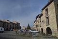 Beautiful Main Square With Arched Soportals In The Medieval Village Of Ainsa In A Day Of Mild Fog. Travel, Landscapes,