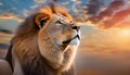 Beautiful majestic lion looking up into a sunset sky.