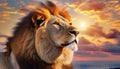 Beautiful majestic lion looking up into a sunset sky.