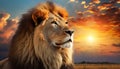 Beautiful majestic lion looking up into a sunset sky.