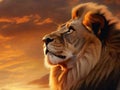 Beautiful majestic lion looking up into a sunset sky,generative ai