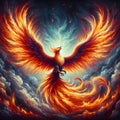 A beautiful majestic phoenix with fiery wings, painting the sky with vibrant hues, bold painting, mythical spirit, animal art Royalty Free Stock Photo