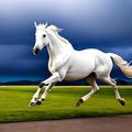 A beautiful majestic white horse running illustration, fast pony, racing purebred stallion, generative ai Royalty Free Stock Photo