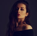 Beautiful makeup sensual woman with brown long hair and black dress looking on dark shadow background. Closeup toned vintage Royalty Free Stock Photo