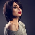 Beautiful makeup woman with short hair style with hot red l Royalty Free Stock Photo