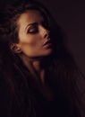 Beautiful makeup woman with brown long hair looking on dark shadow background. Closeup toned portrait. Art .Expression Royalty Free Stock Photo