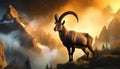 Beautiful Male Alpine Ibex with Large Horns in Mountain - Generative Ai