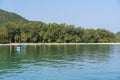 Beautiful bay with palm trees and boats. Tropical beach and sea water on the island Koh Phangan, Thailand Royalty Free Stock Photo