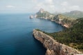 Beautiful Mallorca rocky coast covered with green forest. Balearic Sea as a part of Mediterranean Sea washing Es Colomer cape Royalty Free Stock Photo