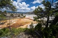 The beautiful Mammoth Hot Springs area of Yellowstone National Park, boardwalks and geysers shown