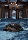 Beautiful man in the boat in room with storm background beauty portrait photoshoot Royalty Free Stock Photo