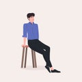 beautiful man sitting on chair guy model posing male cartoon character in fashion clothes full length flat Royalty Free Stock Photo