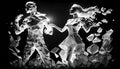 Beautiful man and woman couple silhouette energetic dance