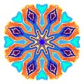 Beautiful mandala ornate with fantasy peacock feather pattern. Traditional Indian ornament done in kaleidoscopic style. Print for