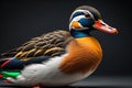 Beautiful mandarin duck isolated on black background, studio shot. generative ai