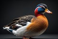 Beautiful mandarin duck isolated on black background, studio shot. generative ai