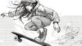 a beautiful manga black and white inspired skatergirl, skating trick scene, ai generated image