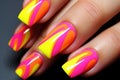 Beautiful manicure with bright yellow and pink designs, AI