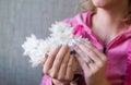 Beautiful manicure on the girl `s hands. Spring manicure