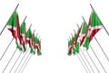 Beautiful many Burundi flags hanging on in corner poles from left and right sides isolated on white - any feast flag 3d