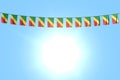 beautiful many Congo flags or banners hangs on rope on blue sky background - any celebration flag 3d illustration