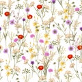 Beautiful of many kind of summer blooming meadow flowers and botanical plants seamless pattern in vector design,For fashion,