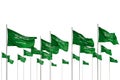Beautiful many Saudi Arabia flags in a row isolated on white with free place for text - any celebration flag 3d illustration