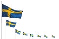 Beautiful many Sweden flags placed diagonal isolated on white with place for your content - any celebration flag 3d illustration